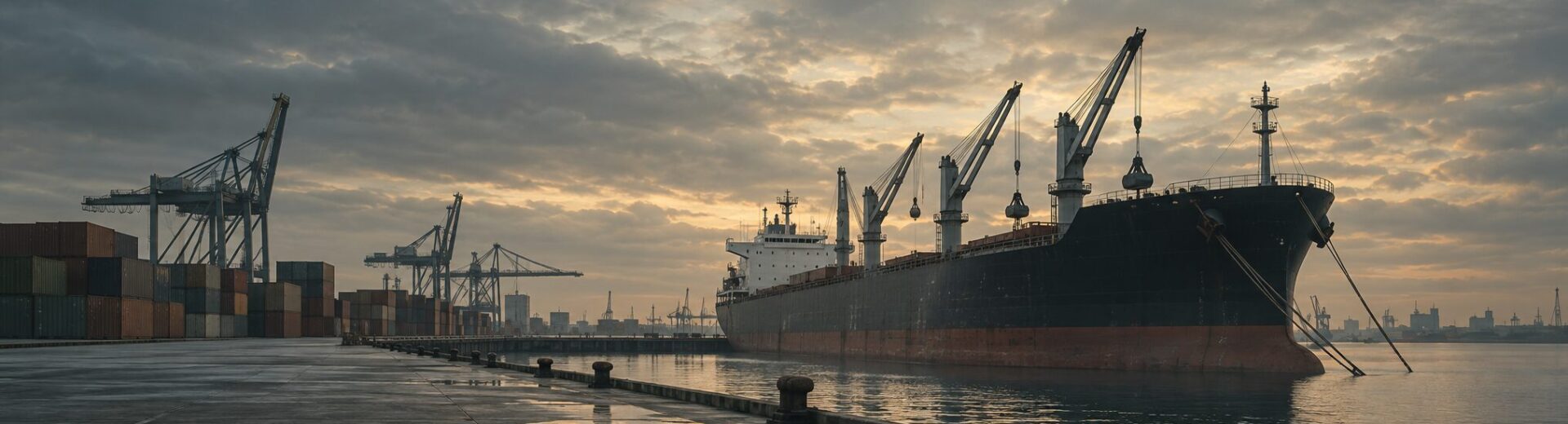 Bulk carrier loading alongside stacked shipping containers at a commercial cargo port